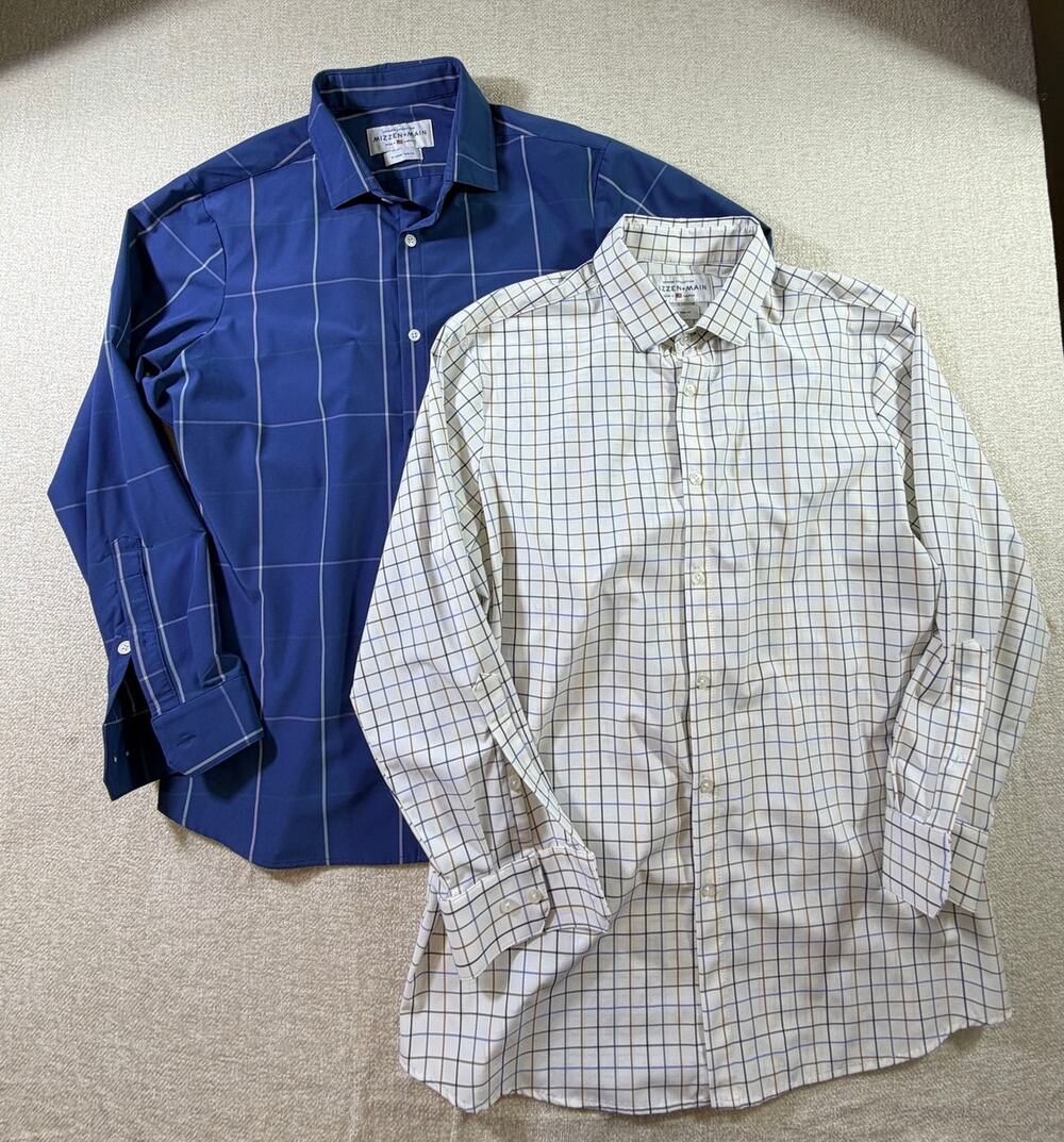 Lot of 2 Mizzen + Main Men XL Leeward Trim Fit Windowpane Dress Button Shirts